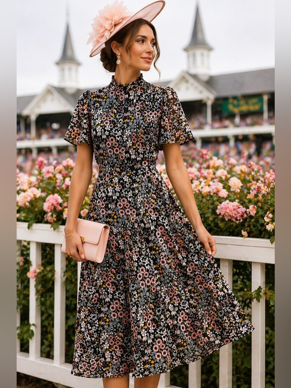 JULIA JORDAN Ruffle Mock Neck Floral Midi Maxi Dress Kentucky Derby Sleeves Sz 6